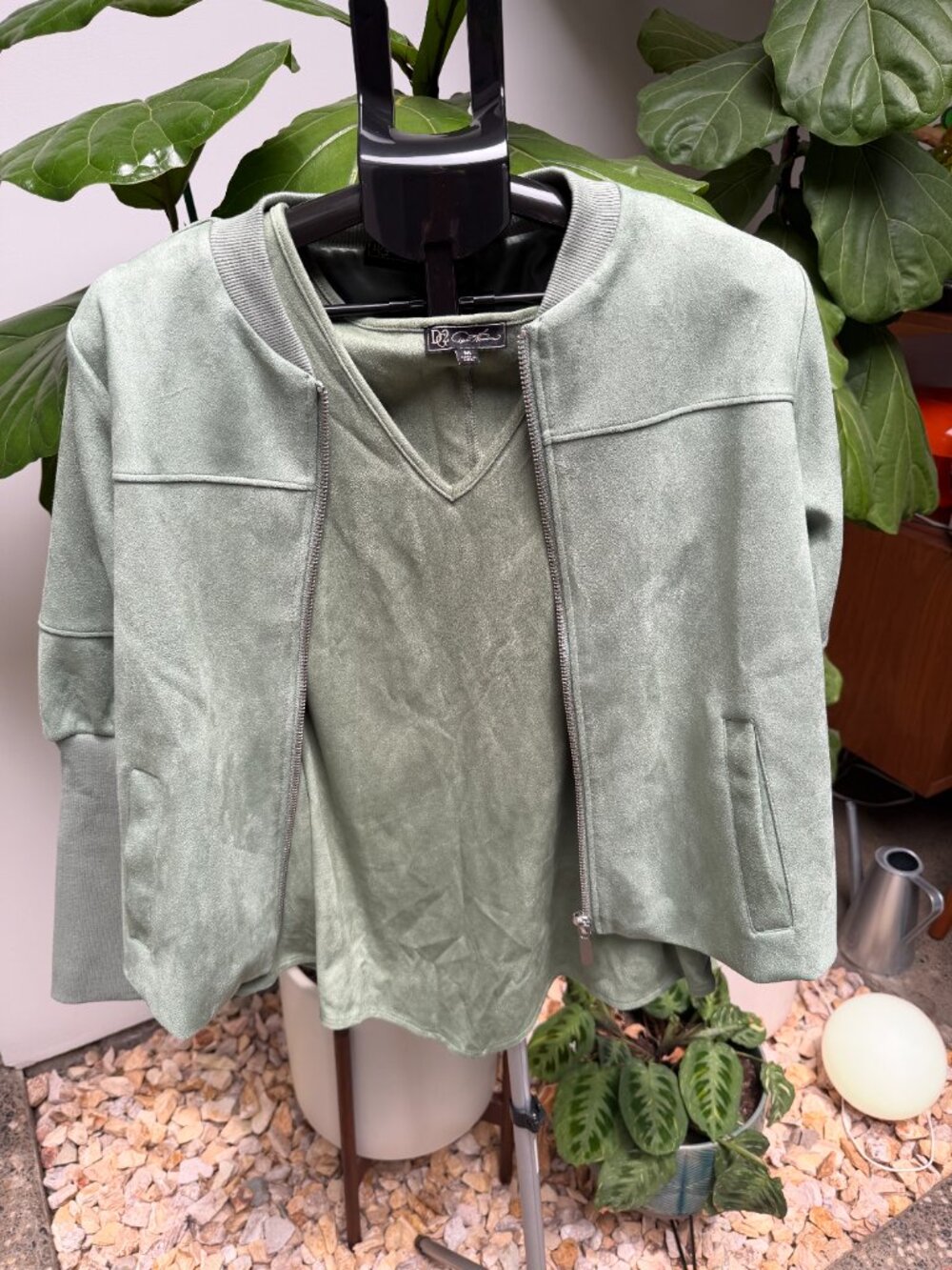 DG2 by Diane Gilman Faux Suede Puff Sleeve Bomber Jacket & Tank Set - Basil